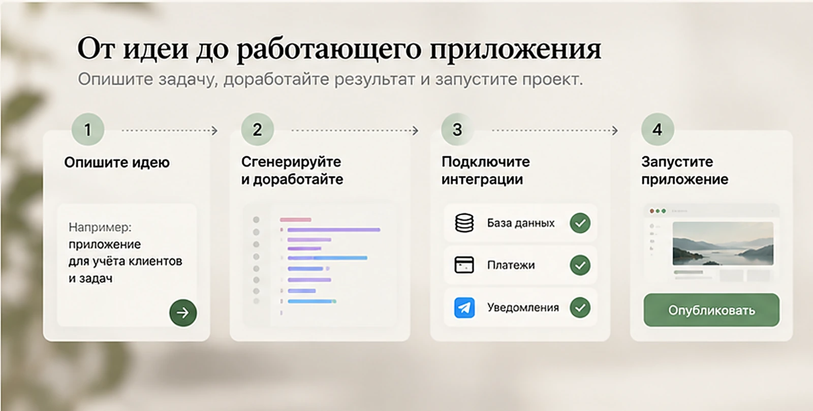 Четыре этапа создания приложения с ИИ: описание идеи, доработка, интеграции и публикация